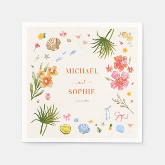 Tropische Kust Hand Getrokken Bloemen Schelpen Huw Servet (Voorkant)