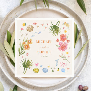 Tropische Kust Hand Getrokken Bloemen Schelpen Huw Servet
