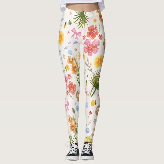 Tropische Kust Hand getrokken Bloemen & Schelpen Leggings (Voorkant)