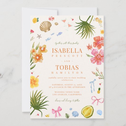 Tropische Kust Hand Getrokken Bow Sea Shells Weddi Kaart (Voorkant)