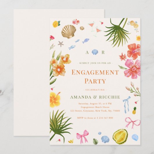 Tropische kust Hand getrokken Shell Engagement Par Kaart (Voorkant / Achterkant)