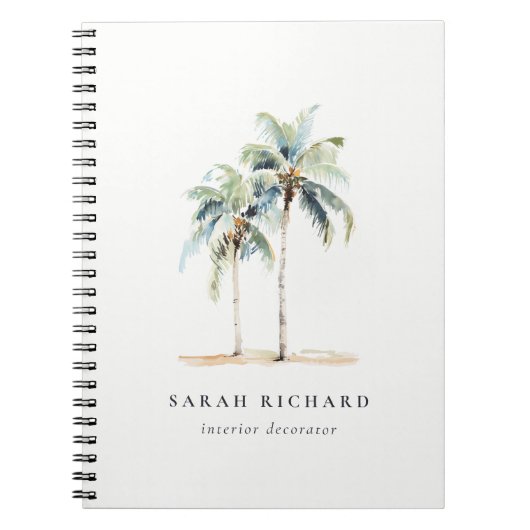 Tropische Kust Palmbomen Waterverf Blauw Groen Notitieboek (Voorkant)