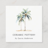 Tropische Kust Palmbomen Waterverf Blauw Groen Vierkante Visitekaartje (Voorkant)