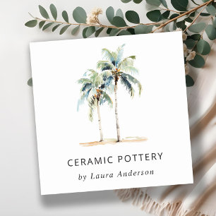 Tropische Kust Palmbomen Waterverf Blauw Groen Vierkante Visitekaartje