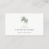 Tropische Kust Palmbomen Waterverf Blauw Groen Visitekaartje (Voorkant)