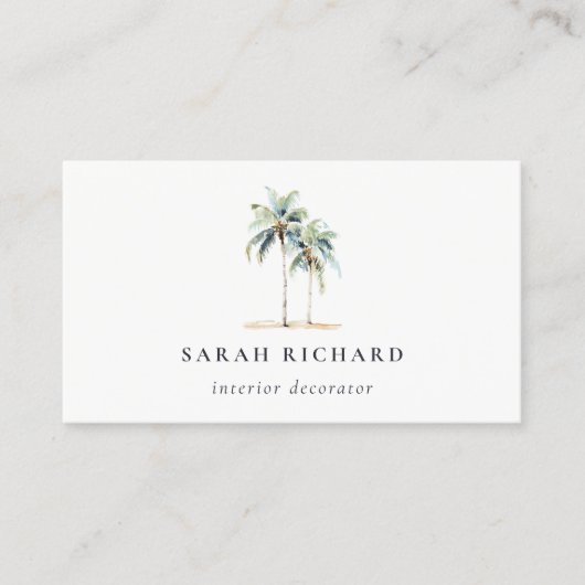 Tropische Kust Palmbomen Waterverf Blauw Groen Visitekaartje (Voorkant)