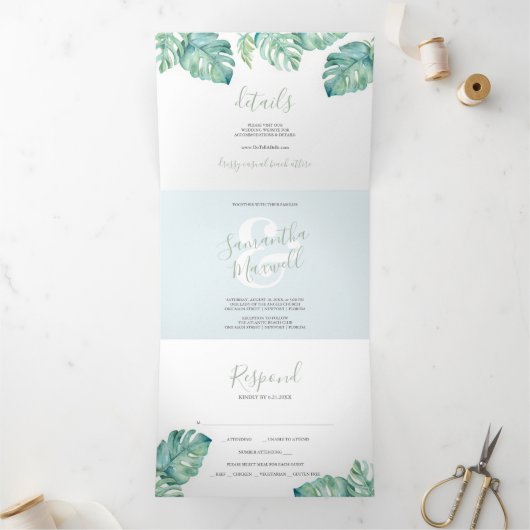 Tropische Kustdrievoudige bruiloft uitnodiging. Drieluik Uitnodiging (Binnen)