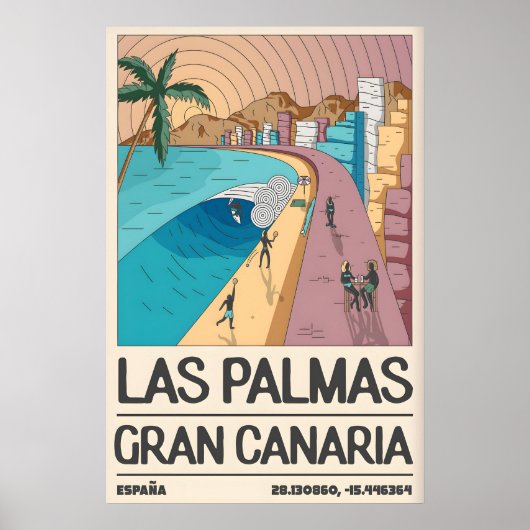 Tropische kustkunstprint, Palm Tree Bay, Retro Poster (Voorkant)