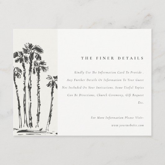 Tropische Kustpalm Schets Bruiloft Details Informatiekaartje (Voorkant)