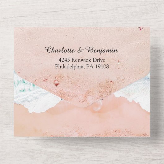 Tropische kuststrook met een hoogwaardig huwelijk all in one uitnodiging (Achterkant)