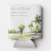 Tropische kuststrook Waterverf bruiloft palmbomen Blikjeskoeler (Achterkant)