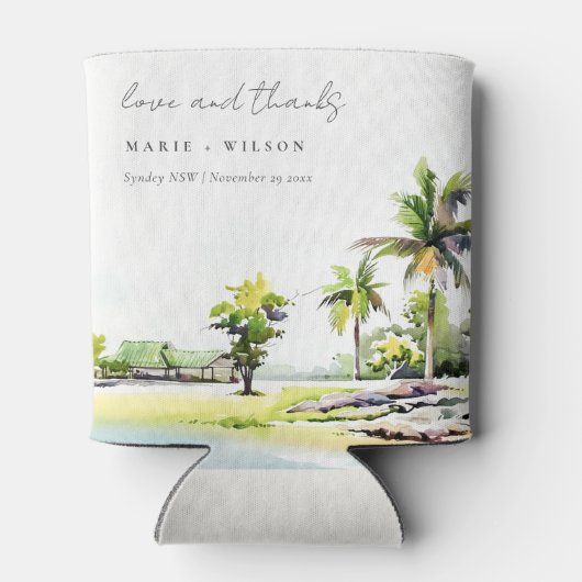 Tropische kuststrook Waterverf bruiloft palmbomen Blikjeskoeler (Achterkant)