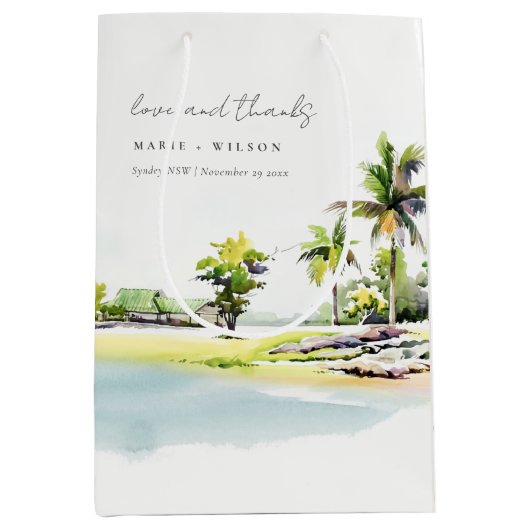 Tropische kuststrook Waterverf bruiloft palmbomen Medium Cadeauzakje (Voorkant)