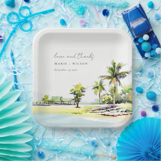 Tropische kuststrook Waterverf bruiloft palmbomen Papieren Bordje (Feest)
