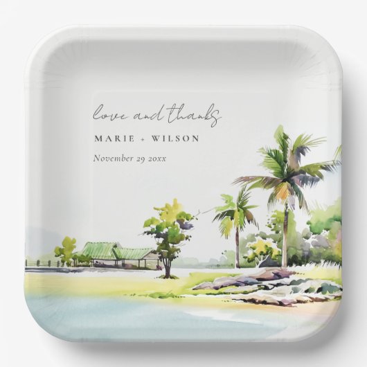 Tropische kuststrook Waterverf bruiloft palmbomen Papieren Bordje (Voorkant)