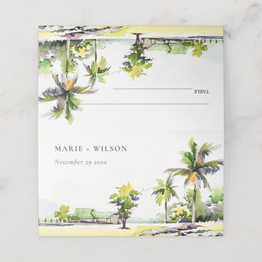 Tropische kuststrook Waterverf bruiloft palmbomen Plaatskaartje (Buitenkant ongevouwen)