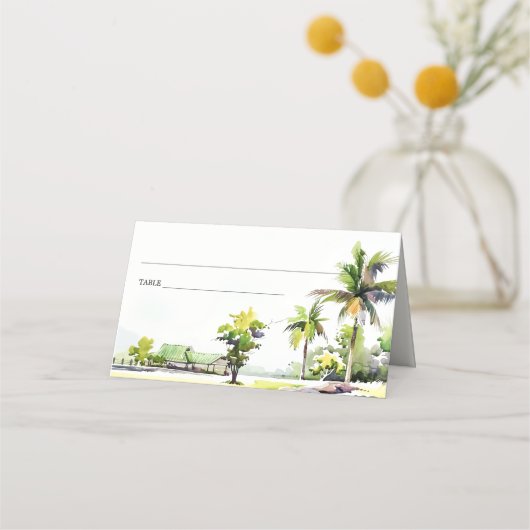 Tropische kuststrook Waterverf bruiloft palmbomen Plaatskaartje (Achterkant)