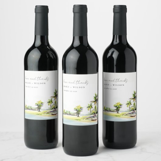 Tropische kuststrook Waterverf bruiloft palmbomen Wijn Etiket (Flessen)