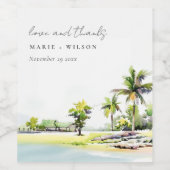 Tropische kuststrook Waterverf bruiloft palmbomen Wijn Etiket (Enkel label)