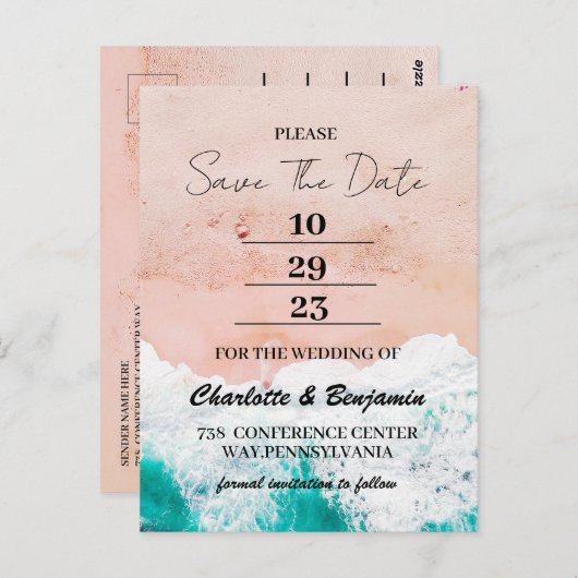 Tropische kuststrook Zee bruiloft Opslaan datum Briefkaart (Voorkant / Achterkant)