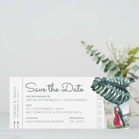 Tropische Leaf Boarding Pass Photo Save the Date Aankondiging (Staand voorkant)