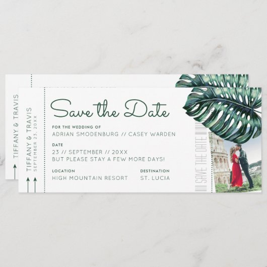 Tropische Leaf Boarding Pass Photo Save the Date Aankondiging (Voorkant / Achterkant)