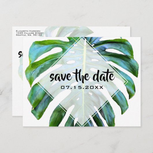 Tropische Leaf Trendy Greenery Save the Date Aankondigingskaart (Voorkant / Achterkant)