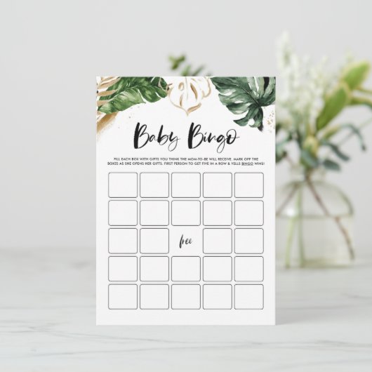 Tropische Leaves Gold Baby shower Bingo Kaart (Staand voorkant)