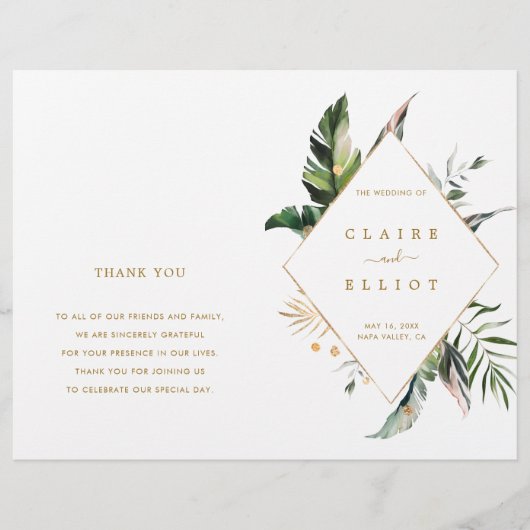 Tropische Leaves Gold Wedding Ceremony Program (Voorkant)