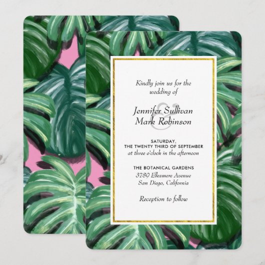 Tropische Leaves Green & Lush Wedding Invitation Kaart (Voorkant / Achterkant)