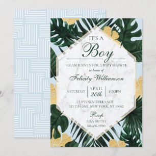 Tropische Leaves Marble Blue Baby shower Invitatio Kaart