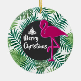 Tropische Leaves Pattern en Roze Flamingo Xmas Keramisch Ornament
