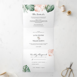 Tropische lederen bruiloft foto met RSVP-gegevens Drieluik Uitnodiging