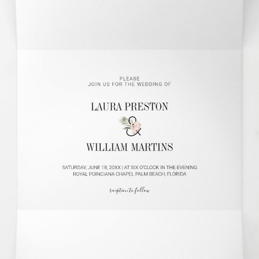 Tropische lederen bruiloft foto met RSVP-gegevens Drieluik Uitnodiging (Binnenkant midden)