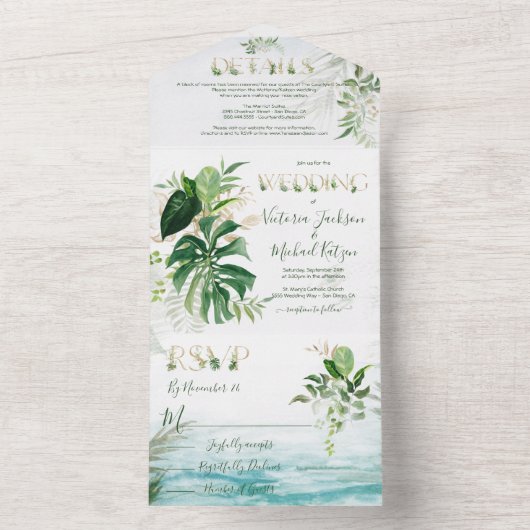 Tropische lekkernij-strand bruiloft all in one uitnodiging (Binnen)