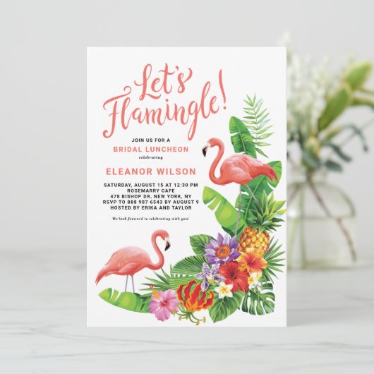 Tropische Let's Flamingle Summer Bridal Luncheon Kaart (Staand voorkant)