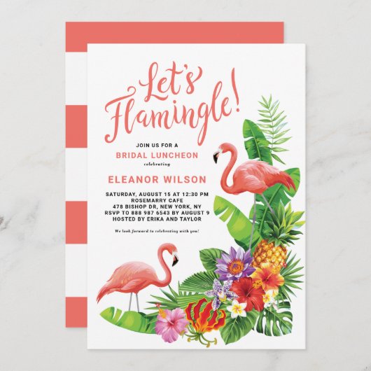 Tropische Let's Flamingle Summer Bridal Luncheon Kaart (Voorkant / Achterkant)