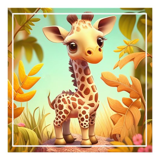 Tropische Leuke Baby Giraffe Cartoon Foto Afdruk (Voorkant)