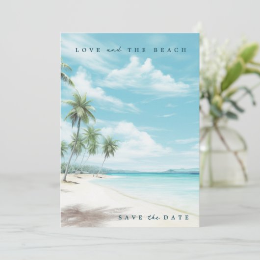 Tropische liefde en het strand foto bruiloft save the date (Staand voorkant)