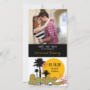 Tropische liefde zomer palmbomen retro moderne fot save the date