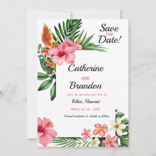 Tropische liefdesbatchbestemming save the date (Voorkant)