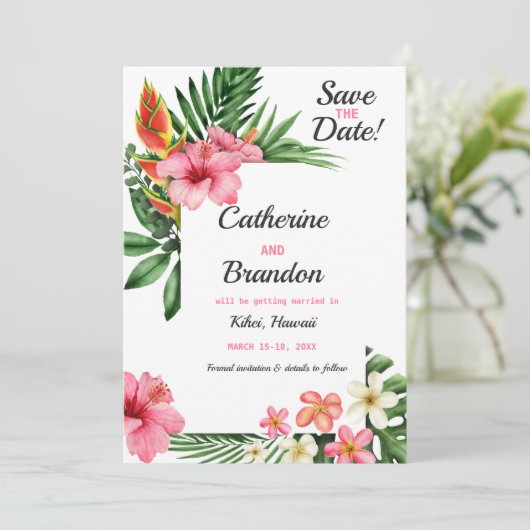 Tropische liefdesbatchbestemming save the date (Staand voorkant)