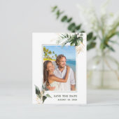 Tropische loof bruiloft foto opslaan van de datum aankondigingskaart (Staand voorkant)