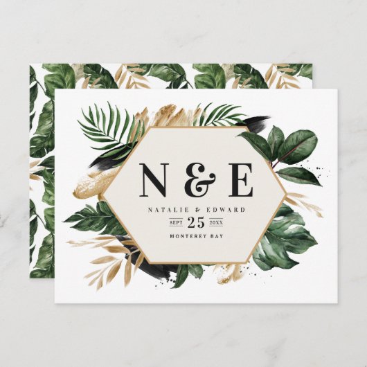 Tropische loof bruiloft save the date aankondigingskaart (Voorkant / Achterkant)
