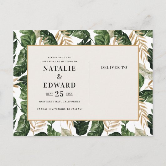 Tropische loof bruiloft save the date aankondigingskaart (Achterkant)