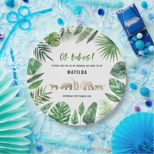 Tropische loof + gouddieren baby shower papieren bordje (Feest)