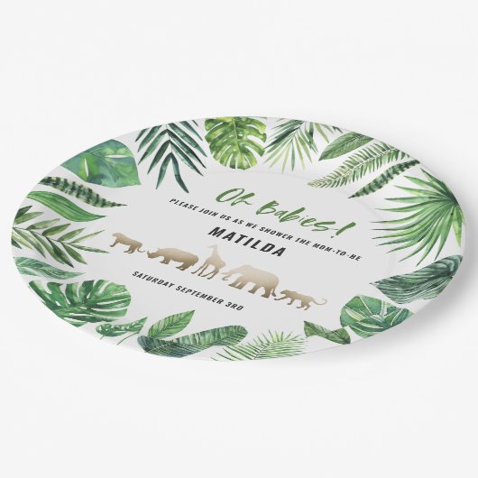 Tropische loof + gouddieren baby shower papieren bordje (Gekanteld)