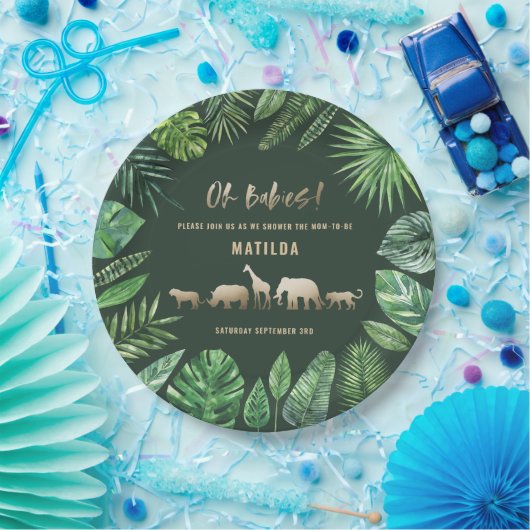 Tropische loof + gouddieren baby shower papieren bordje (Feest)