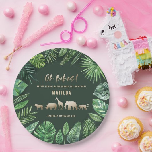 Tropische loof + gouddieren baby shower papieren bordje (Feest)
