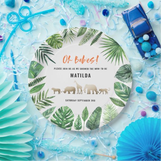 Tropische loof + gouddieren met twee baby showers papieren bordje (Feest)